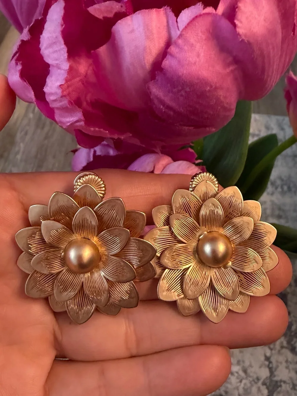 Gold Floral Clip-On Earrings - Elegant Flower Design